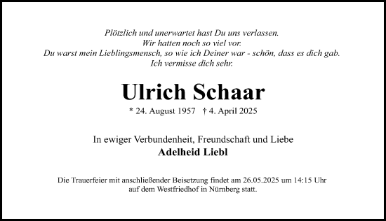 Traueranzeige von Ulrich Schaar von Gesamtausgabe Nürnberger Nachrichten/ Nürnberger Ztg.