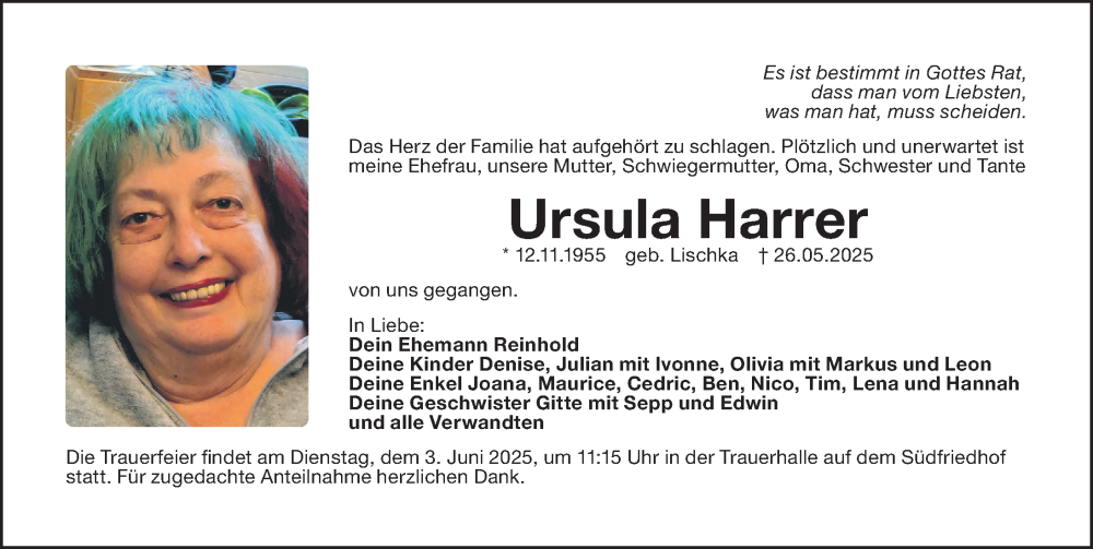  Traueranzeige für Ursula Harrer vom 31.05.2025 aus Gesamtausgabe Nürnberger Nachrichten/ Nürnberger Ztg.