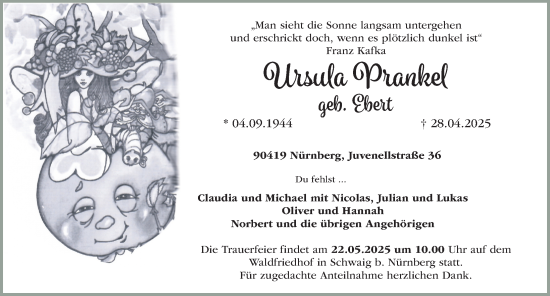 Traueranzeige von Ursula Prankel von Gesamtausgabe Nürnberger Nachrichten/ Nürnberger Ztg.