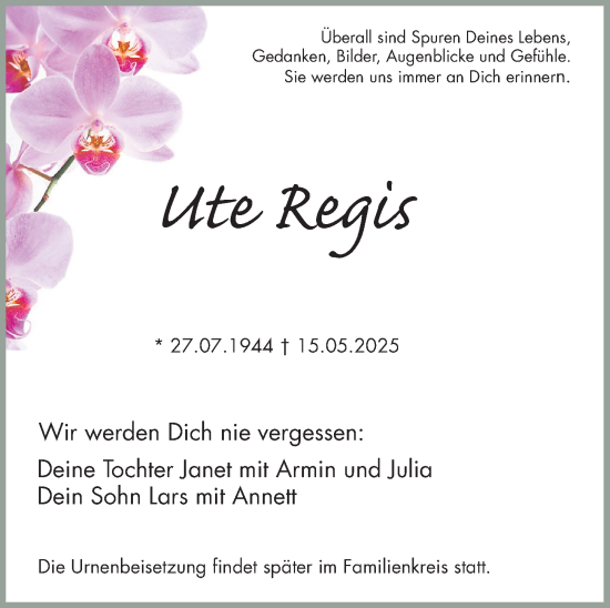 Traueranzeige von Ute Regis von Gesamtausgabe Nürnberger Nachrichten/ Nürnberger Ztg.