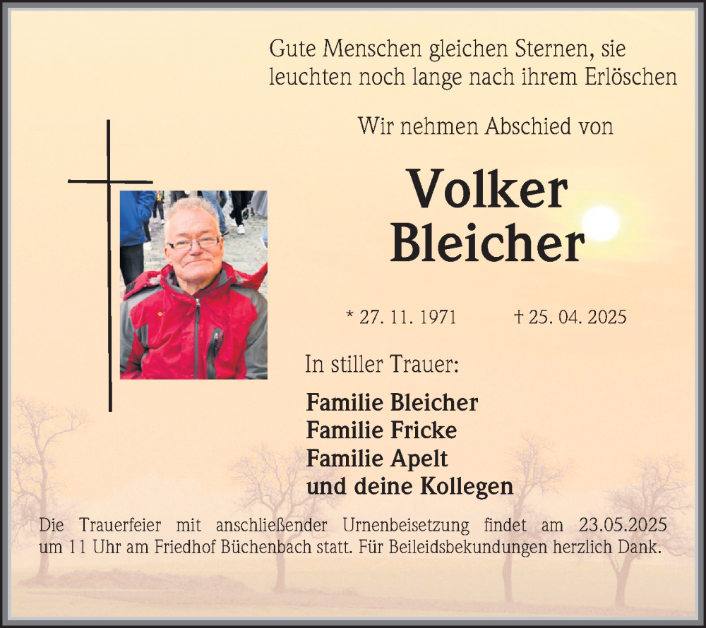  Traueranzeige für Volker Bleicher vom 17.05.2025 aus Erlanger Nachrichten Lokal
