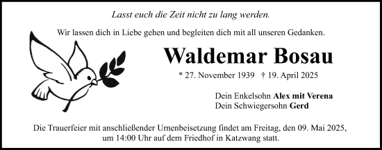 Traueranzeige von Waldemar Bosau von Gesamtausgabe Nürnberger Nachrichten/ Nürnberger Ztg.