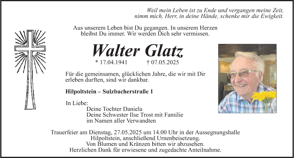  Traueranzeige für Walter Glatz vom 24.05.2025 aus Roth-Hilpoltsteiner Volkszeitung Lokal