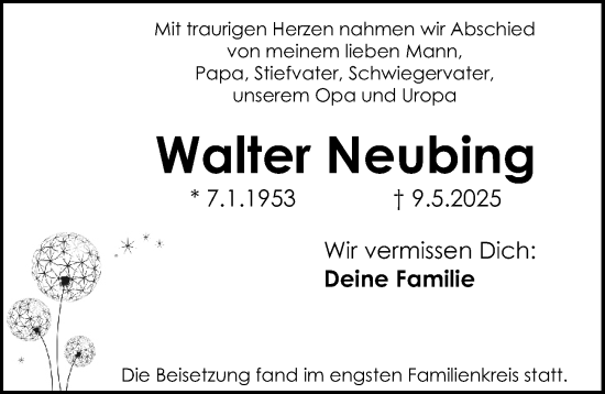 Traueranzeige von Walter Neubing von Gesamtausgabe Nürnberger Nachrichten/ Nürnberger Ztg.
