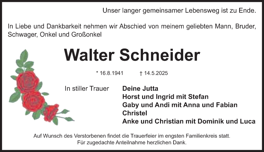  Traueranzeige für Walter Schneider vom 17.05.2025 aus Fürther Nachrichten Lokal