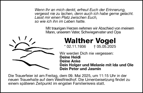 Traueranzeige von Walther Vogel von Gesamtausgabe Nürnberger Nachrichten/ Nürnberger Ztg.