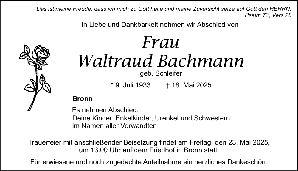  Traueranzeige für Waltraud Bachmann vom 21.05.2025 aus Nordbayerische Nachrichten Pegnitz Lokal