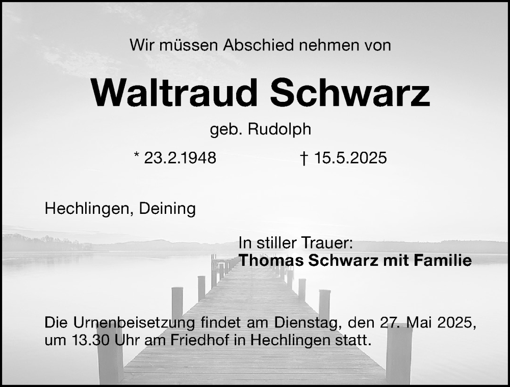  Traueranzeige für Waltraud Schwarz vom 24.05.2025 aus Altmühl-Bote Lokal