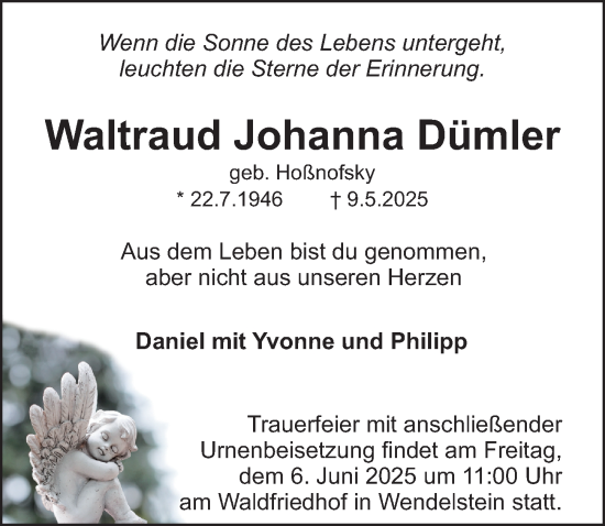 Traueranzeige von Waltraud Johanna Dümler von Gesamtausgabe Nürnberger Nachrichten/ Nürnberger Ztg.