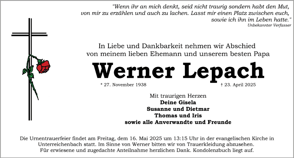  Traueranzeige für Werner Lepach vom 03.05.2025 aus Schwabacher Tagblatt Lokal