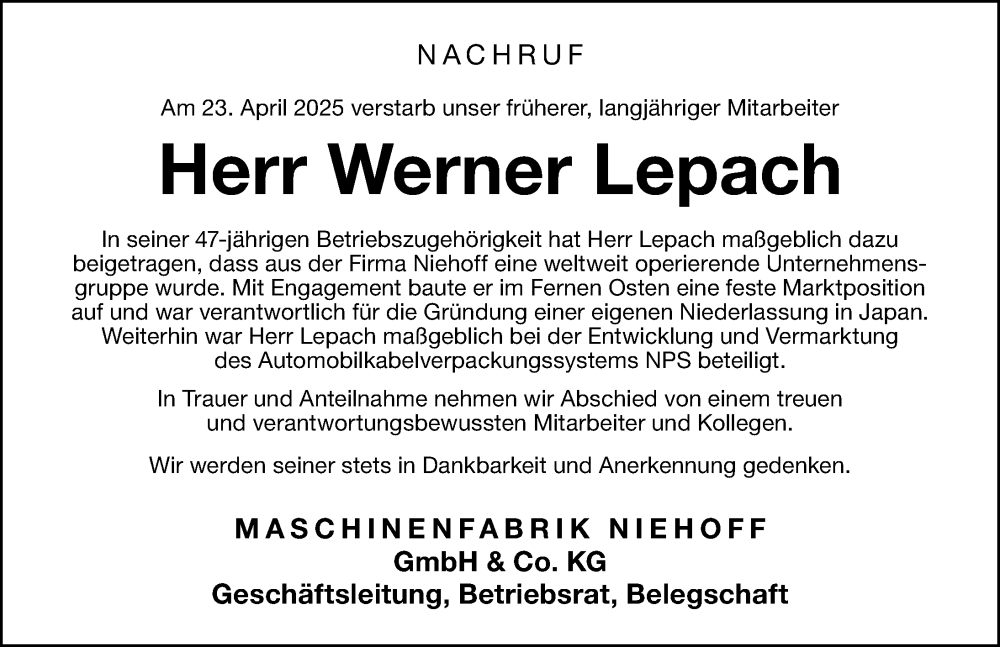  Traueranzeige für Werner Lepach vom 06.05.2025 aus Schwabacher Tagblatt Lokal