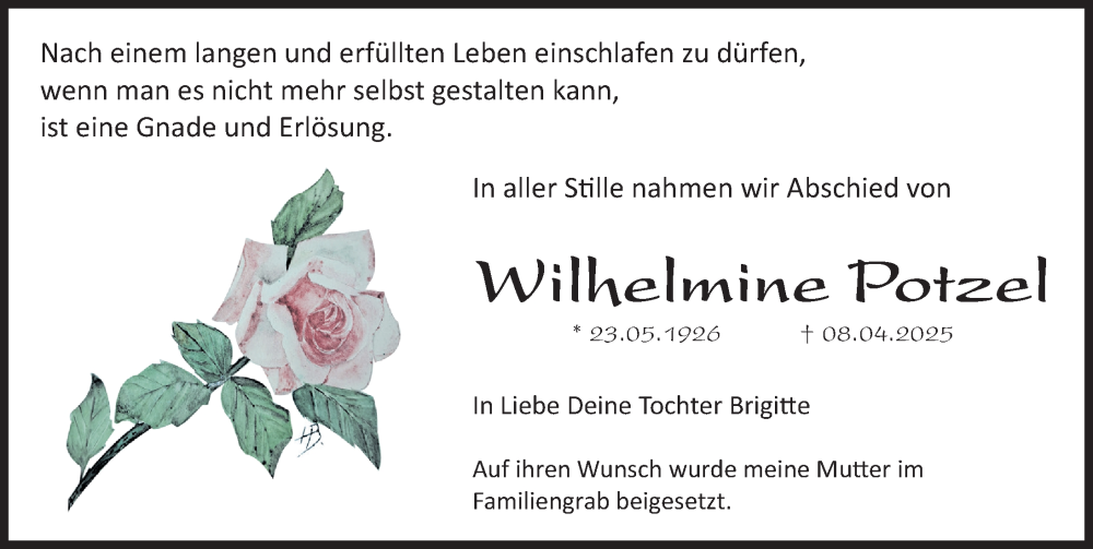  Traueranzeige für Wilhelmine Potzel vom 17.05.2025 aus Fürther Nachrichten Lokal