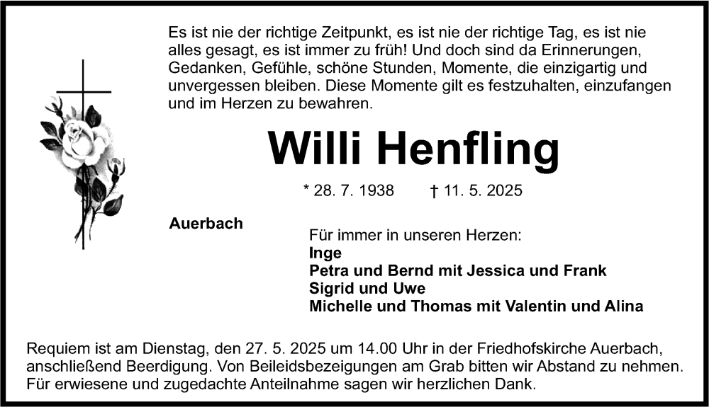  Traueranzeige für Willi Henfling vom 24.05.2025 aus Nordbayerische Nachrichten Pegnitz Lokal