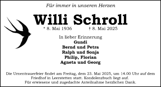 Traueranzeige von Willi Schroll von Schwabacher Tagblatt Lokal