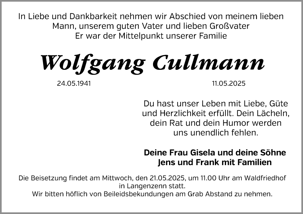  Traueranzeige für Wolfgang Cullmann vom 17.05.2025 aus Gesamtausgabe Nürnberger Nachrichten/ Nürnberger Ztg.