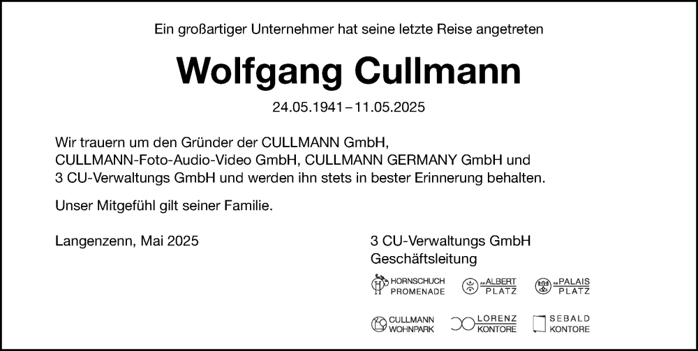  Traueranzeige für Wolfgang Cullmann vom 17.05.2025 aus Gesamtausgabe Nürnberger Nachrichten/ Nürnberger Ztg.