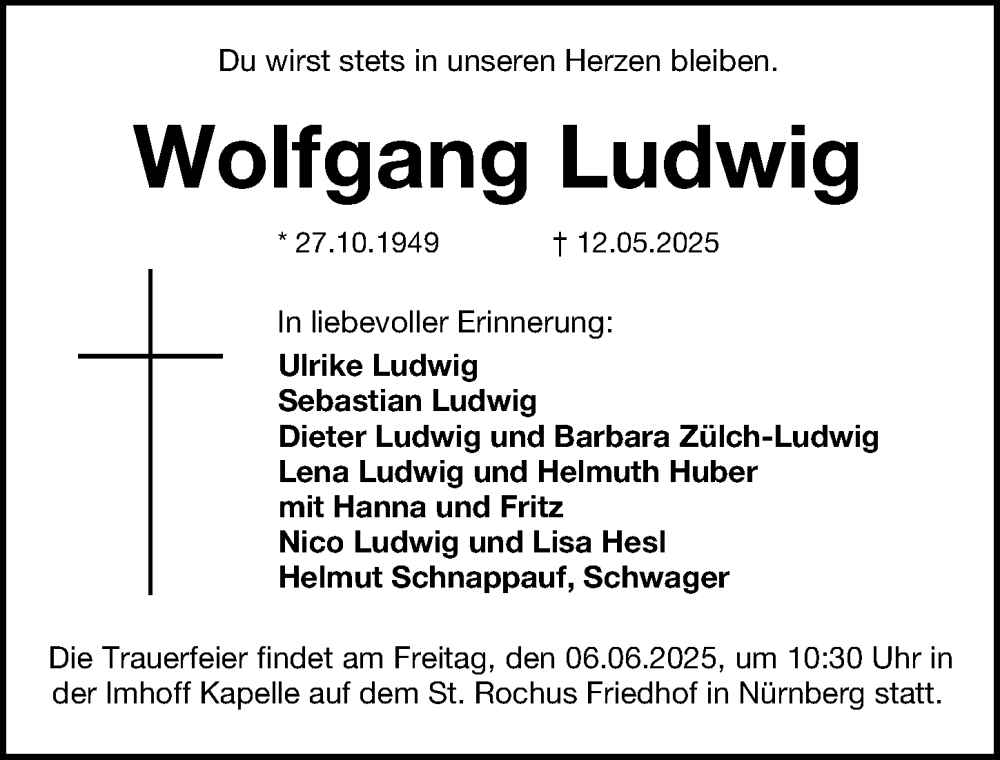  Traueranzeige für Wolfgang Ludwig vom 24.05.2025 aus Gesamtausgabe Nürnberger Nachrichten/ Nürnberger Ztg.