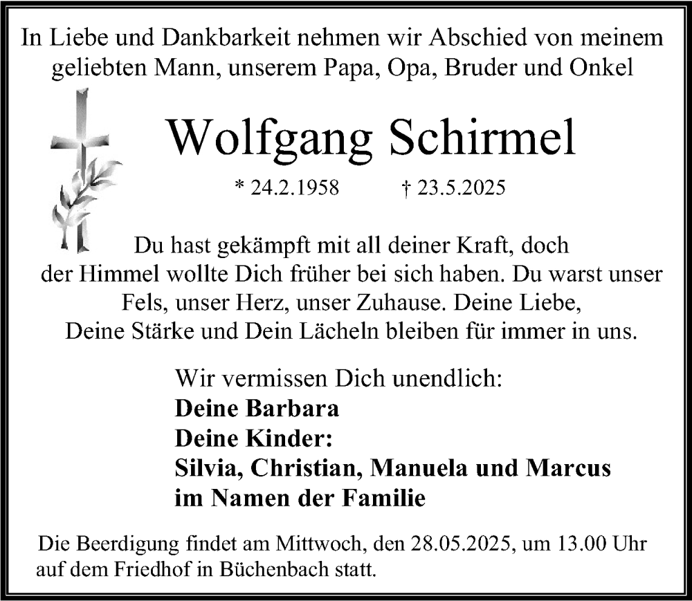  Traueranzeige für Wolfgang Schirmel vom 27.05.2025 aus Erlanger Nachrichten Lokal