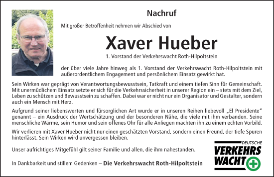 Traueranzeige von Xaver Hueber von Roth-Hilpoltsteiner Volkszeitung Lokal