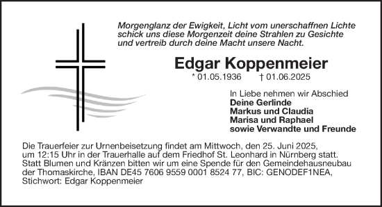 Traueranzeige von Edgar Koppenmeier von Gesamtausgabe Nürnberger Nachrichten/ Nürnberger Ztg.
