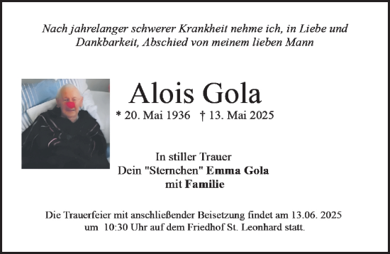 Traueranzeige von Alois Gola von Gesamtausgabe Nürnberger Nachrichten/ Nürnberger Ztg.