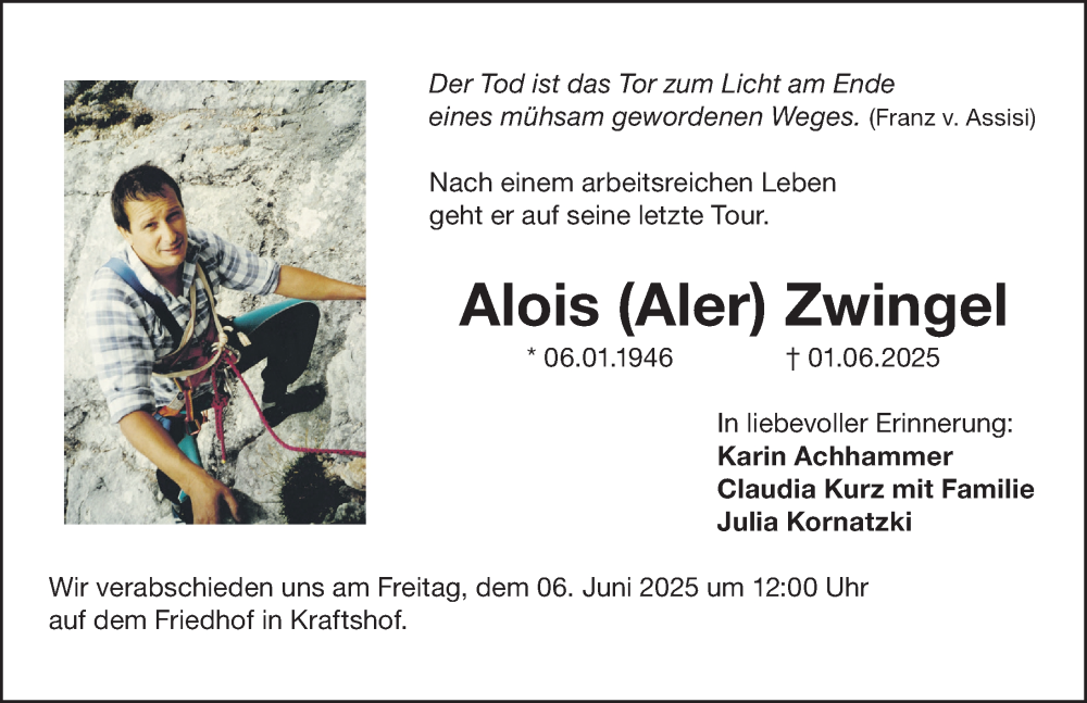  Traueranzeige für Alois Zwingel vom 04.06.2025 aus Gesamtausgabe Nürnberger Nachrichten/ Nürnberger Ztg.