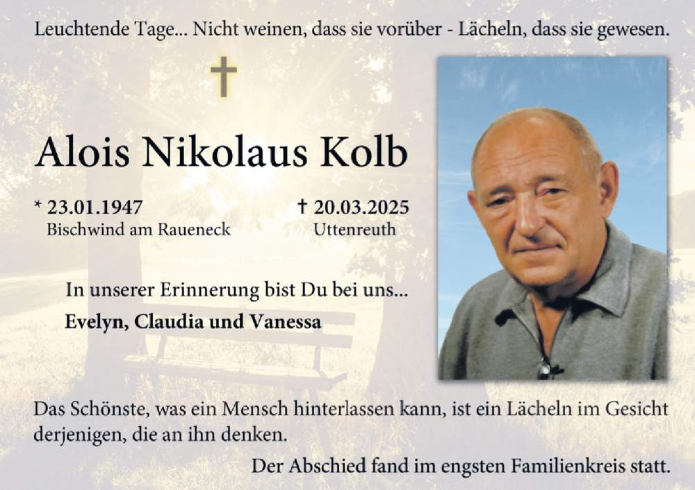  Traueranzeige für Alois Nikolaus Kolb vom 14.06.2025 aus Erlanger Nachrichten Lokal