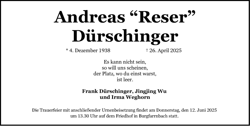  Traueranzeige für Andreas Dürschinger vom 07.06.2025 aus Fürther Nachrichten Lokal
