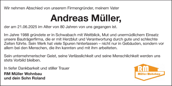 Traueranzeige von Andreas Müller von G,HFO,HST