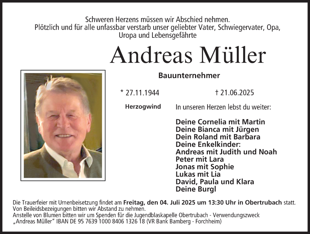  Traueranzeige für Andreas Müller vom 28.06.2025 aus Gesamtausgabe Nürnberger Nachrichten/ Nürnberger Ztg./ Nordbayer. Nachrichten Forchheim