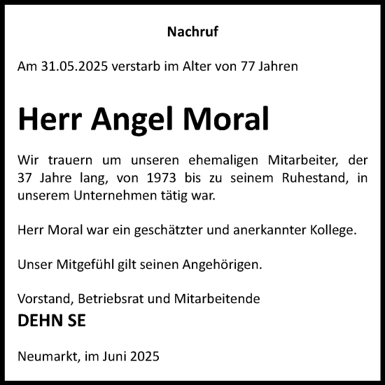 Traueranzeige von Angel Moral von Neumarkter Nachrichten Lokal