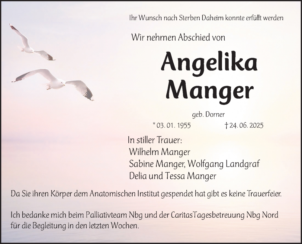  Traueranzeige für Angelika Manger vom 28.06.2025 aus Gesamtausgabe Nürnberger Nachrichten/ Nürnberger Ztg.