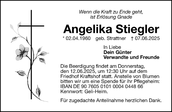 Traueranzeige von Angelika Stiegler von Gesamtausgabe Nürnberger Nachrichten/ Nürnberger Ztg.