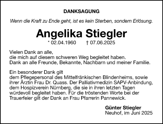 Traueranzeige von Angelika Stiegler von Gesamtausgabe Nürnberger Nachrichten/ Nürnberger Ztg.