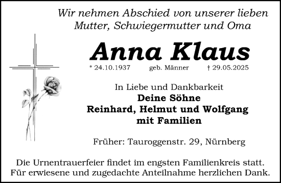 Traueranzeige von Anna Klaus von Gesamtausgabe Nürnberger Nachrichten/ Nürnberger Ztg.