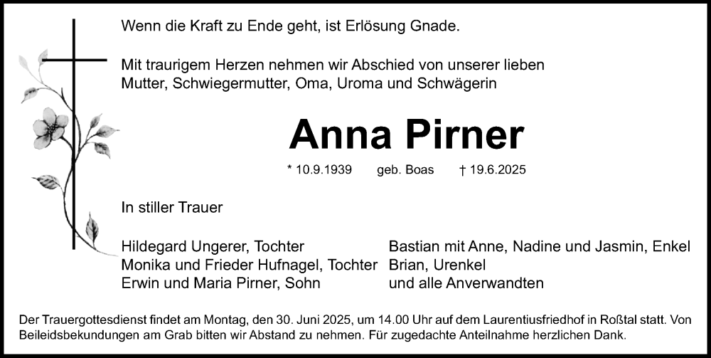  Traueranzeige für Anna Pirner vom 25.06.2025 aus Fürther Nachrichten Lokal