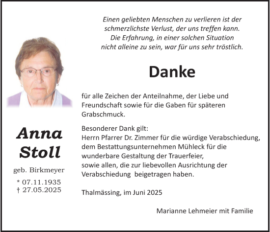 Traueranzeige von Anna Stoll von Roth-Hilpoltsteiner Volkszeitung Lokal