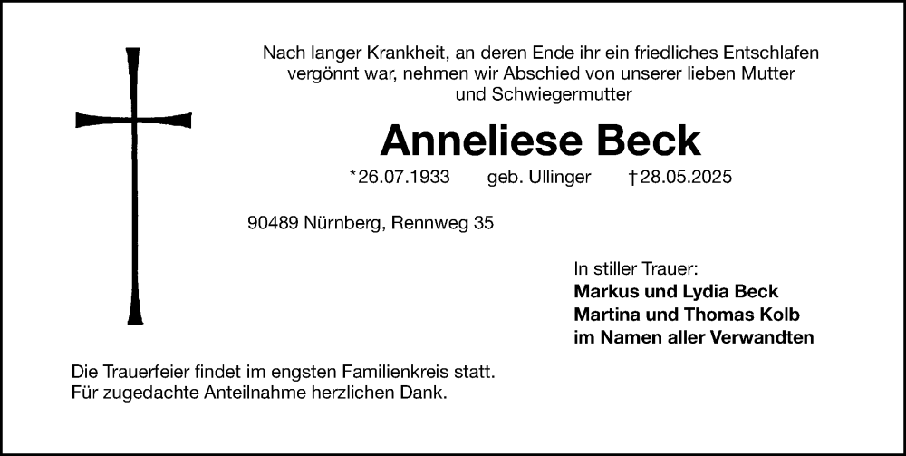  Traueranzeige für Anneliese Beck vom 07.06.2025 aus Gesamtausgabe Nürnberger Nachrichten/ Nürnberger Ztg.