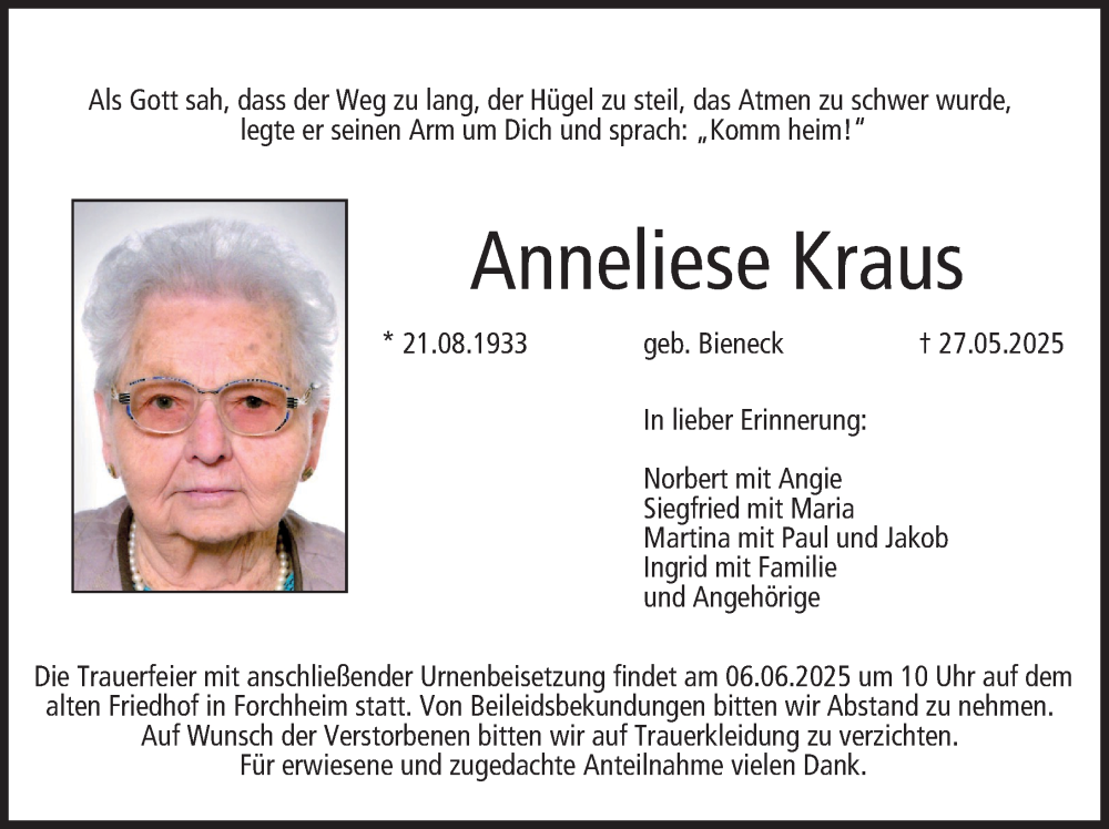  Traueranzeige für Anneliese Kraus vom 04.06.2025 aus Nordbayerische Nachrichten Forchheim Lokal
