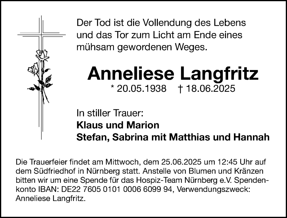  Traueranzeige für Anneliese Langfritz vom 21.06.2025 aus Gesamtausgabe Nürnberger Nachrichten/ Nürnberger Ztg.