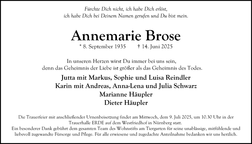  Traueranzeige für Annemarie Brose vom 28.06.2025 aus Gesamtausgabe Nürnberger Nachrichten/ Nürnberger Ztg.