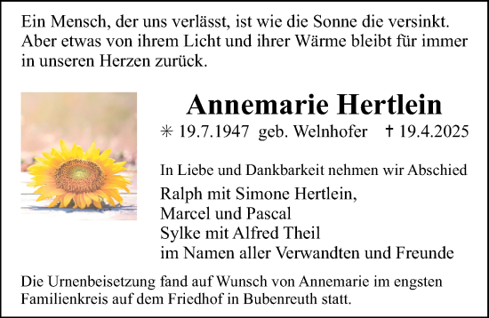 Traueranzeige von Annemarie Hertlein von Erlanger Nachrichten Lokal