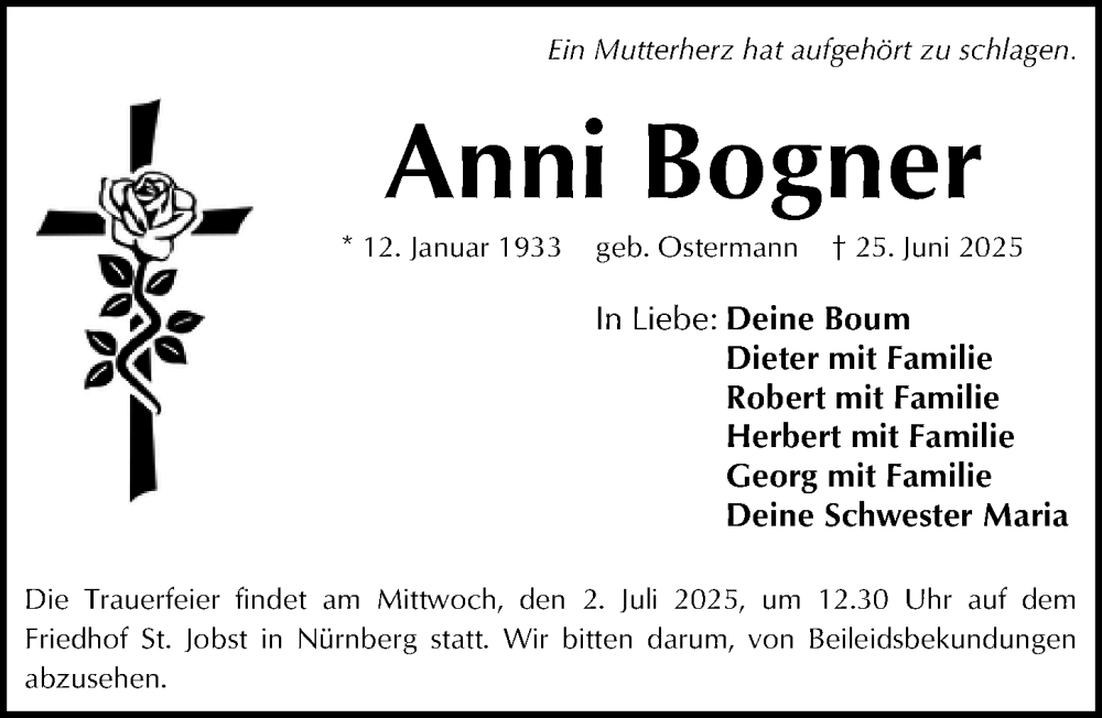  Traueranzeige für Anni Bogner vom 28.06.2025 aus Gesamtausgabe Nürnberger Nachrichten/ Nürnberger Ztg.