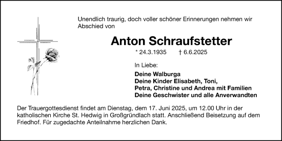 Traueranzeige von Anton Schraufstetter von Gesamtausgabe Nürnberger Nachrichten/ Nürnberger Ztg.