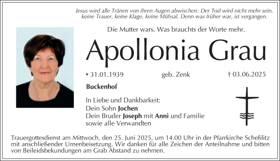 Traueranzeige von Apollonia Grau von Erlanger Nachrichten Lokal
