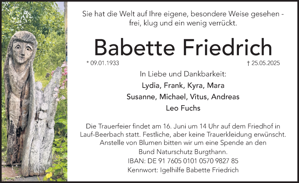  Traueranzeige für Babette Friedrich vom 07.06.2025 aus Gesamtausgabe Nürnberger Nachrichten/ Nürnberger Ztg.