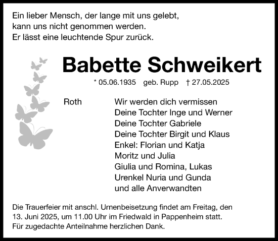 Traueranzeige von Babette Schweikert von Roth-Hilpoltsteiner Volkszeitung Lokal