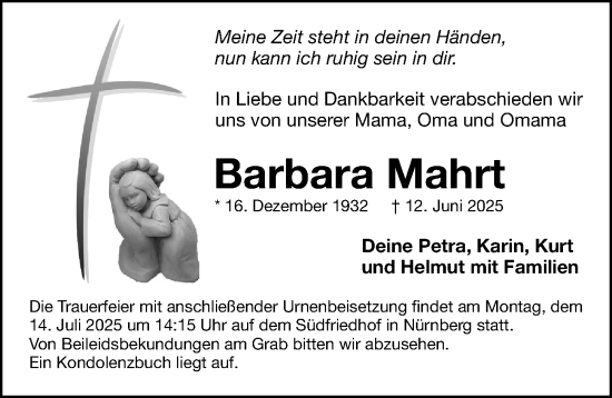 Traueranzeige von Barbara Mahrt von Gesamtausgabe Nürnberger Nachrichten/ Nürnberger Ztg.