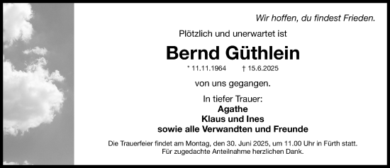 Traueranzeige von Bernd Güthlein von Fürther Nachrichten Lokal