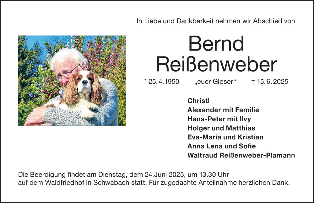  Traueranzeige für Bernd Reißenweber vom 21.06.2025 aus Schwabacher Tagblatt Lokal